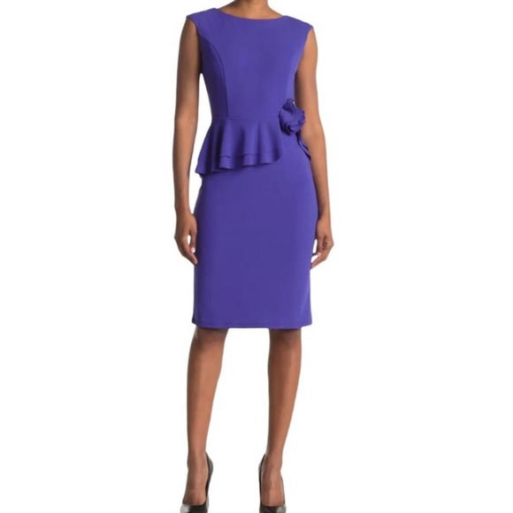 MARINA Cobalt Blue Purple Peplum Rose Sleeveless Cocktail Dress Size 16 NWT - Picture 1 of 13